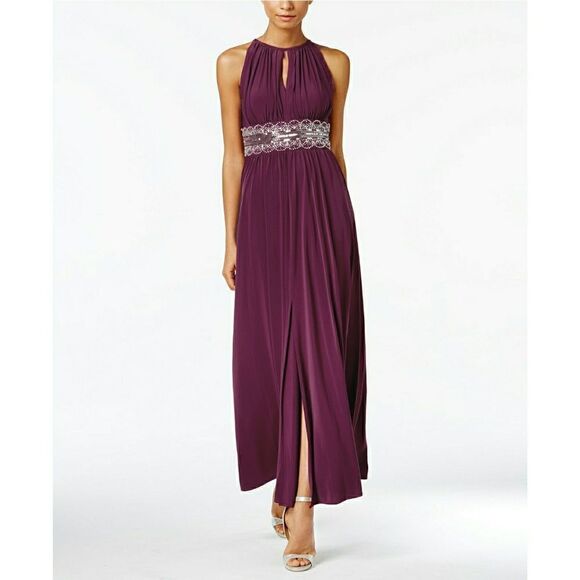 New! R&M RICHARDS Women's Beaded Waist Front-Slit Maxi Dress Color Merlot - Picture 1 of 4